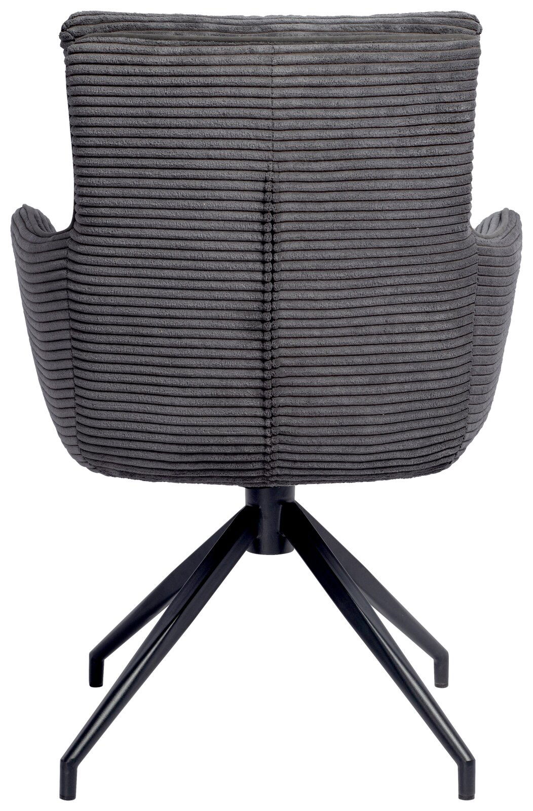 Rückansicht eines grauen Armlehnstuhls mit geripptem Stoffbezug und schwarzem Metallgestell.