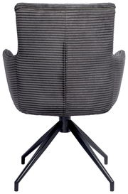 Rückansicht eines grauen Armlehnstuhls mit geripptem Stoffbezug und schwarzem Metallgestell.