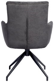 Rückansicht eines grauen Armlehnstuhls mit geripptem Stoffbezug und schwarzem Metallgestell.