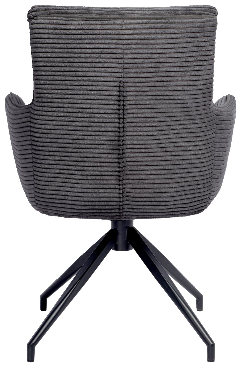 Rückansicht eines grauen Armlehnstuhls mit geripptem Stoffbezug und schwarzem Metallgestell.