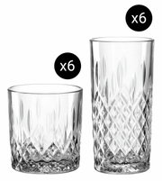 Twee kristallen glazen, een laag en een hoog, in een set van 12 stuks, van voren afgebeeld.