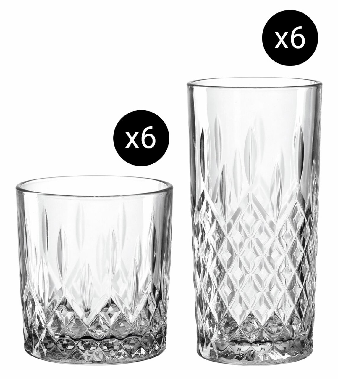 Twee kristallen glazen, een laag en een hoog, in een set van 12 stuks, van voren afgebeeld.