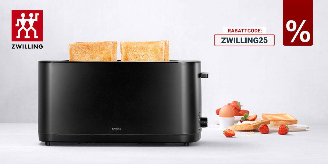  25% auf fast alles von der Marke Zwilling: Im Hintergrund ist ein mattschwarzer Toaster und ein Frühstück zu sehen.