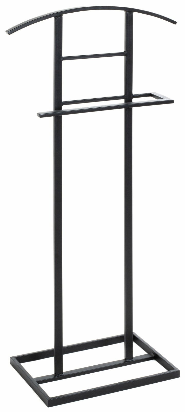 Schwarzer Herrendiener aus Metall, frontal abgebildet, mit gebogenem oberen Bügel und rechteckigem Sockel.