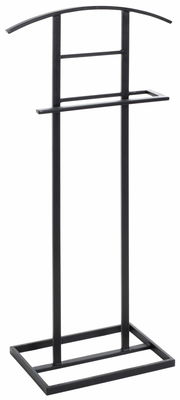 Schwarzer Herrendiener aus Metall, frontal abgebildet, mit gebogenem oberen Bügel und rechteckigem Sockel.