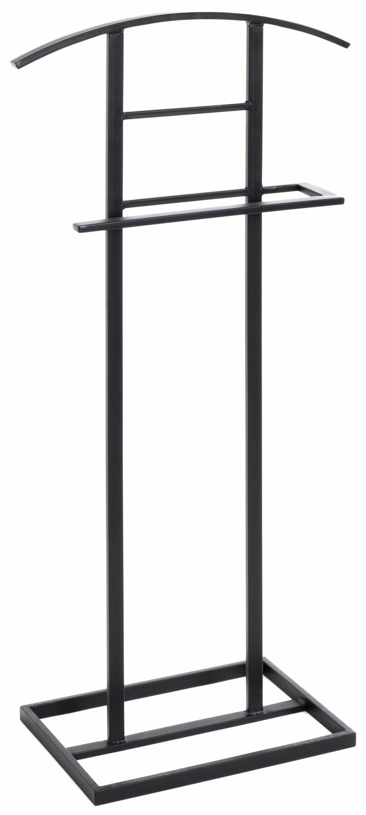 Schwarzer Herrendiener aus Metall, frontal abgebildet, mit gebogenem oberen Bügel und rechteckigem Sockel.