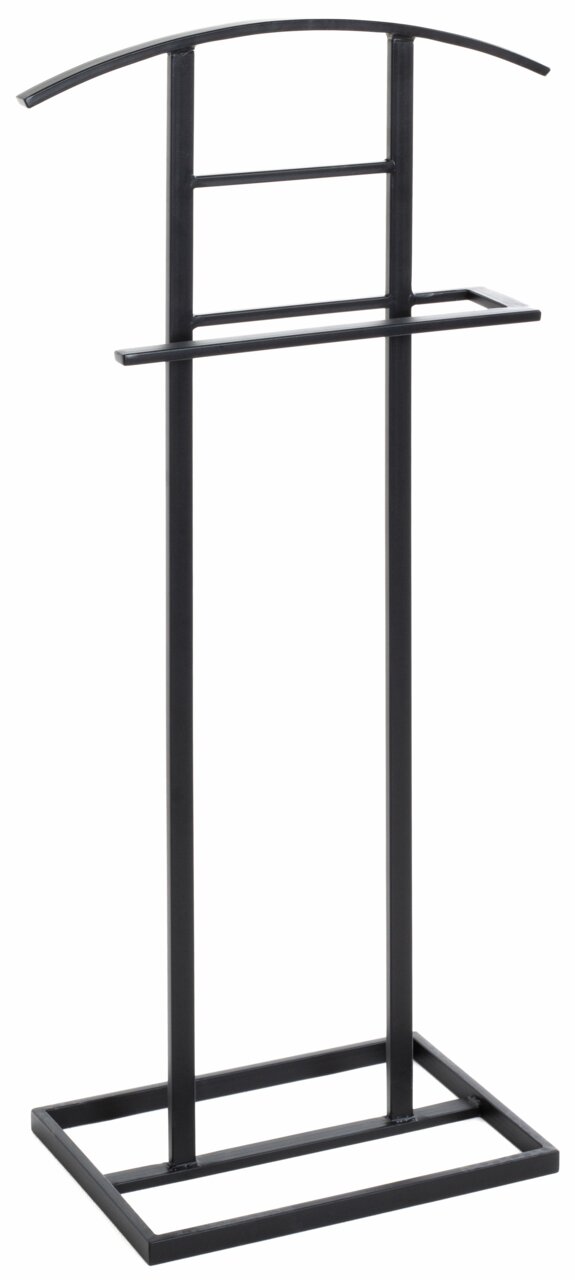 Schwarzer Herrendiener aus Metall, frontal abgebildet, mit gebogenem oberen Bügel und rechteckigem Sockel.