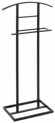 Schwarzer Herrendiener aus Metall, frontal abgebildet, mit gebogenem oberen Bügel und rechteckigem Sockel.