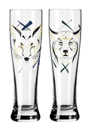 Twee hoge transparante bierglazen met gestileerde dierenkopillustraties (vos en lynx) in blauw, groen, zwart en goud, frontaal productaanzicht op witte achtergrond