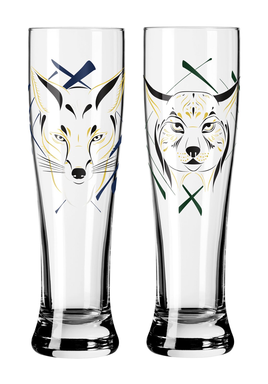Zwei hohe, schlanke Biergläser aus klarem Glas mit stilisierten Tierkopf-Motiven (Fuchs und Luchs) in Schwarz, Gold, Blau und Grün, frontale Produktansicht auf weißem Hintergrund.