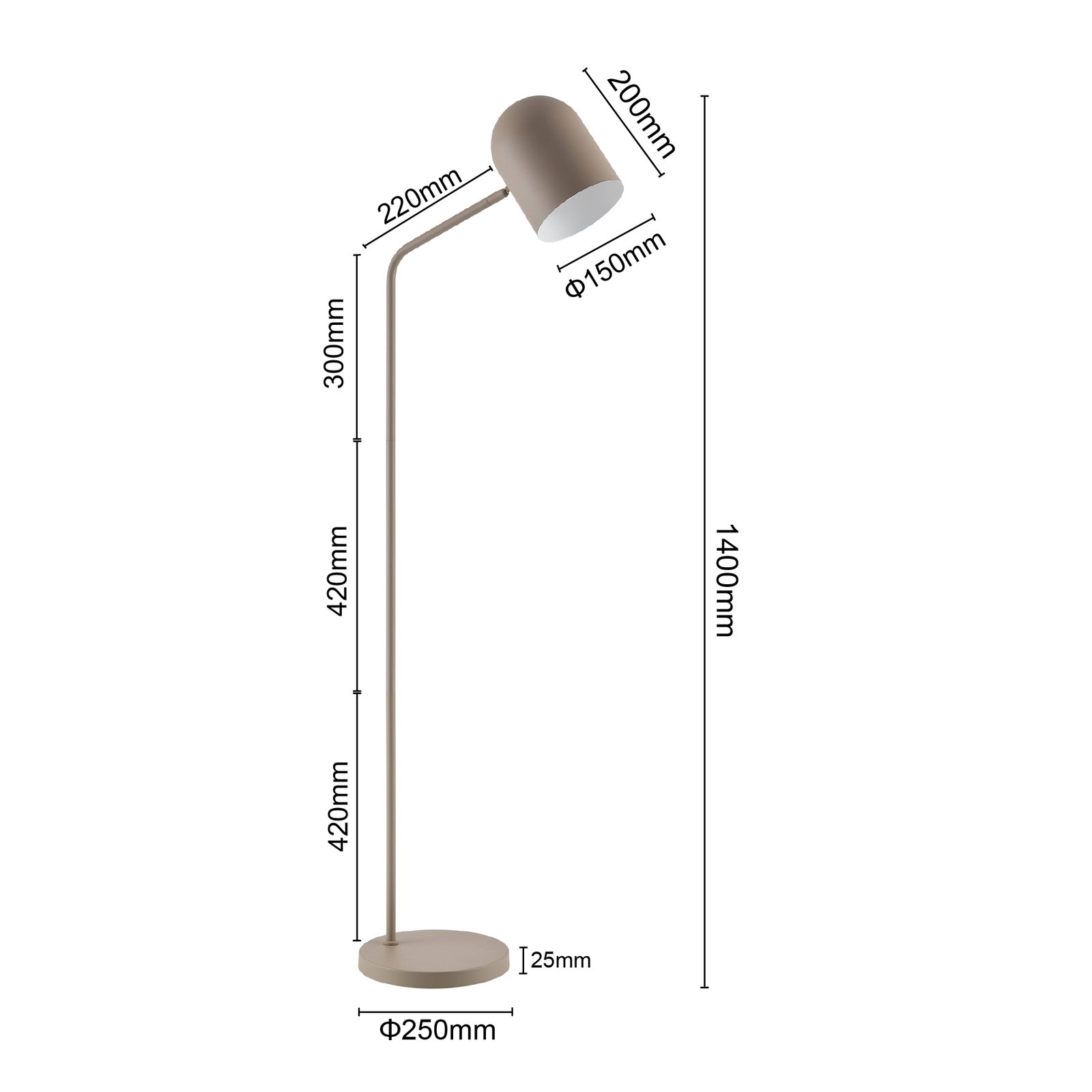 Stehleuchte in seitlicher Perspektive mit modernem Design, 1400mm hoch, mit einem runden Lampenschirm und stabilem Standfuß.