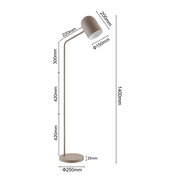 Stehleuchte in seitlicher Perspektive mit modernem Design, 1400mm hoch, mit einem runden Lampenschirm und stabilem Standfuß.