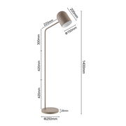 Stehleuchte in seitlicher Perspektive mit modernem Design, 1400mm hoch, mit einem runden Lampenschirm und stabilem Standfuß.