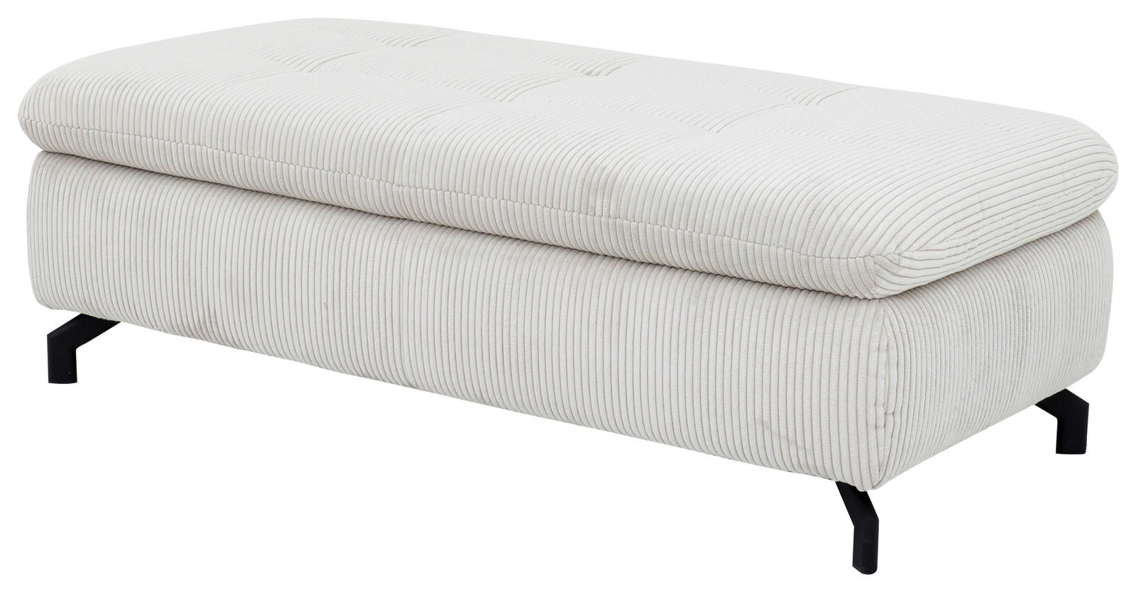 Beldomo Style XXL-Hocker rechteckig SENSE Rechteckiger XXL-Hocker in cremefarbenem Stoff mit feiner Rillenstruktur, seitliche Perspektive