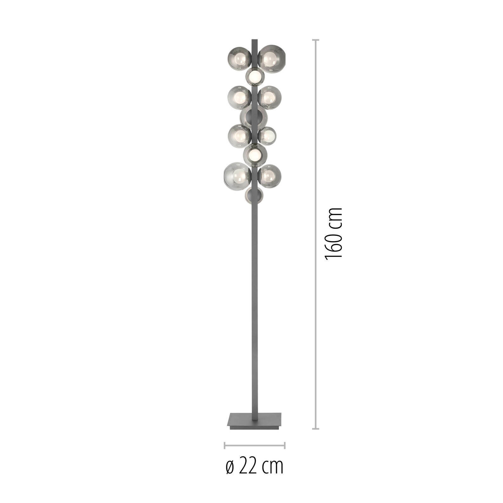 LED-Stehleuchte mit mehreren kugelförmigen Leuchten, Höhe 160 cm, Durchmesser 22 cm, frontale Ansicht