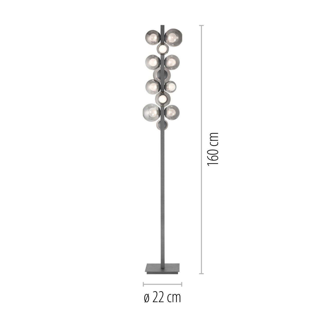 LED-staande lamp met meerdere bolvormige lampen, hoogte 160 cm, diameter 22 cm, vooraanzicht