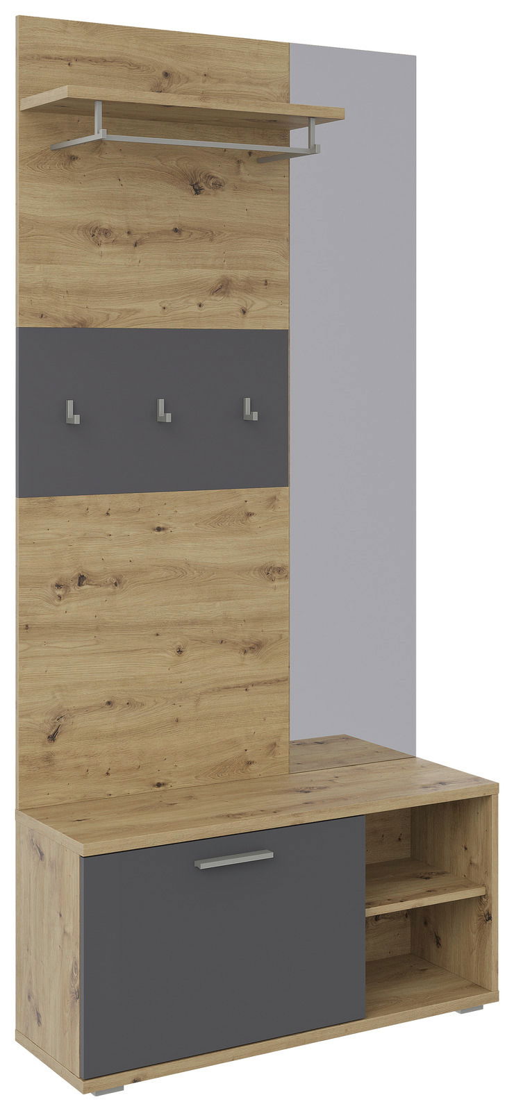 Kompaktgarderobe aus Holz mit grauen Akzenten, inklusive Haken, Ablage und Stauraum, seitliche Perspektive