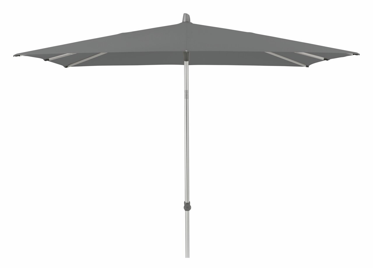 Grauer Sonnenschirm in Seitenansicht mit rechteckigem Schirmdach und silbernem Ständer