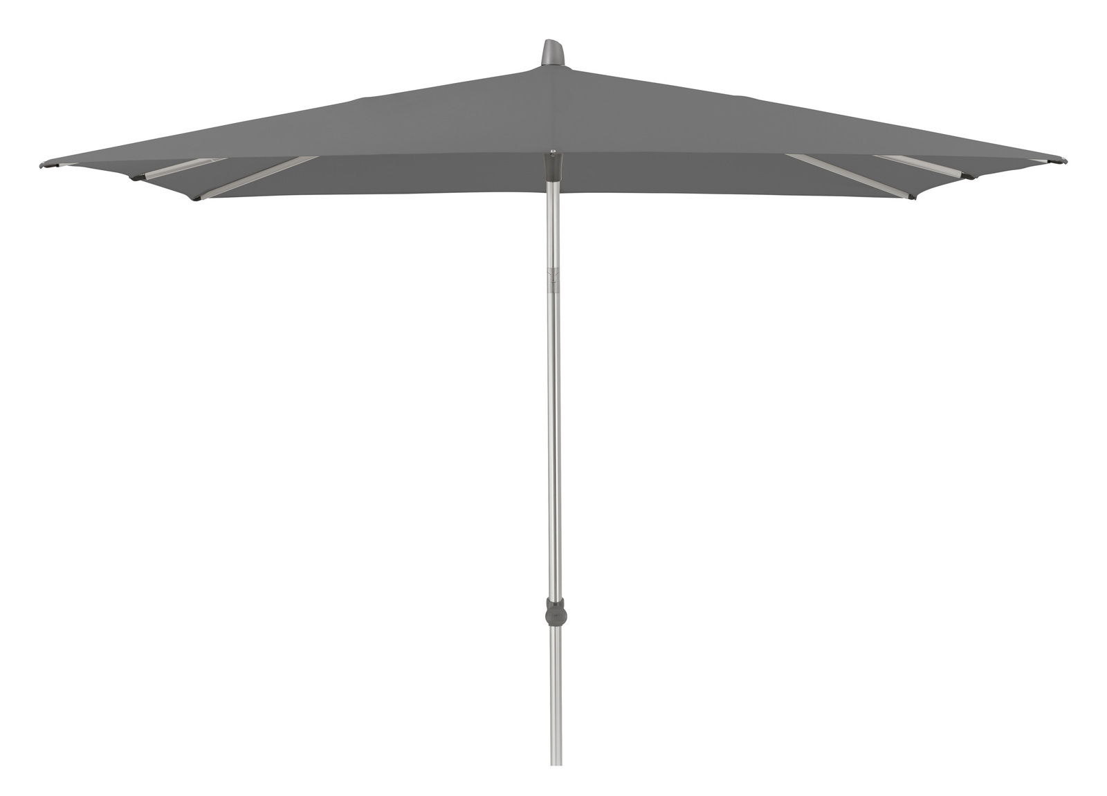 Grauer Sonnenschirm in Seitenansicht mit rechteckigem Schirmdach und silbernem Ständer