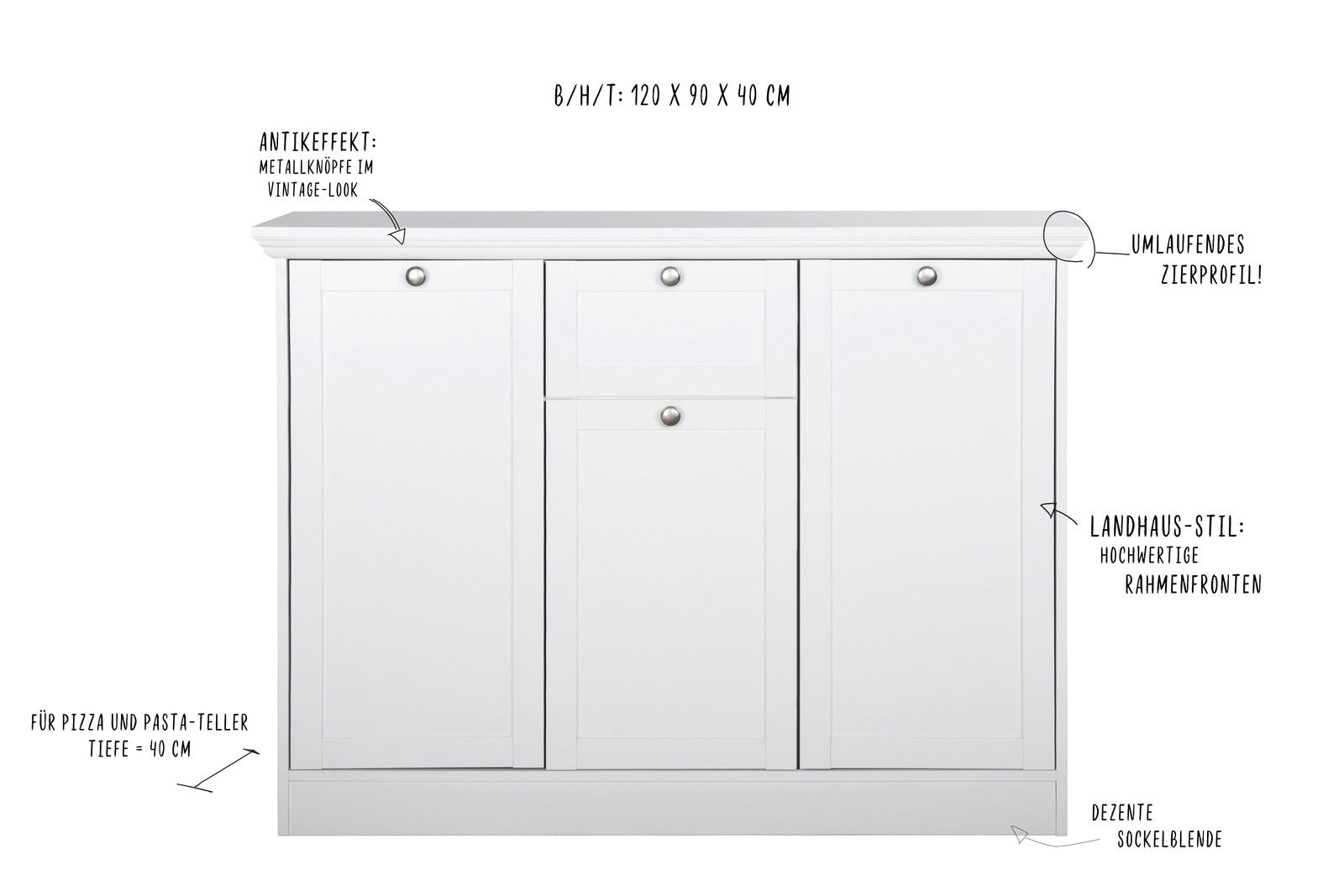 Weiße Kommode im Landhausstil mit umlaufendem Zierprofil, Metallknöpfen im Vintage-Look und hochwertigen Rahmenfronten, frontal abgebildet.