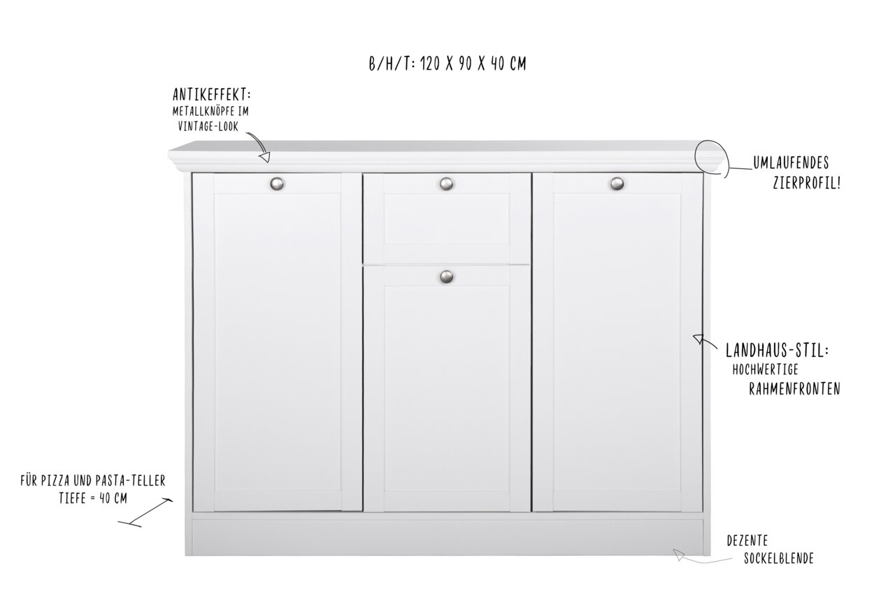 Weiße Kommode im Landhausstil mit umlaufendem Zierprofil, Metallknöpfen im Vintage-Look und hochwertigen Rahmenfronten, frontal abgebildet.