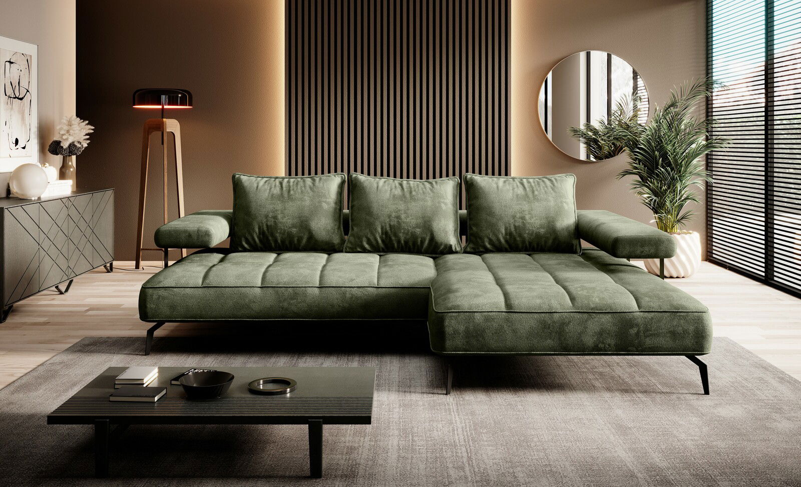 Grüne Longchairkombination in modernem Wohnzimmer, Frontalansicht