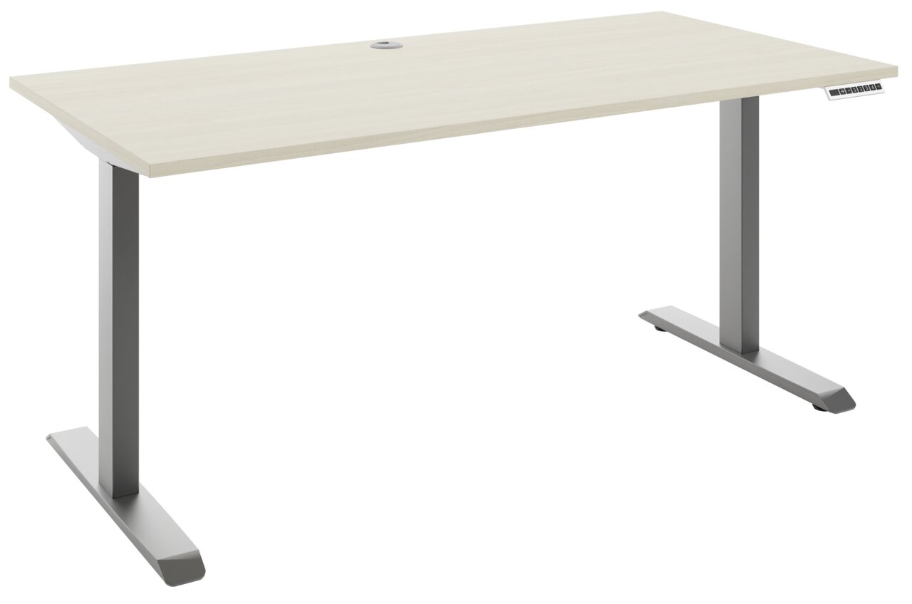 Moderner E-Schreibtisch mit heller Holzoberfläche und grauen Metallbeinen, seitliche Perspektive