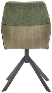Rückansicht eines modernen Stuhls mit grünem Stoffbezug und schwarzem Metallgestell.