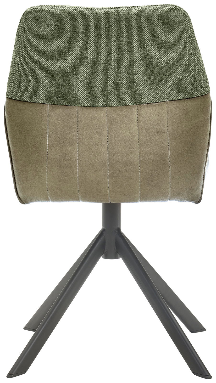 Rückansicht eines modernen Stuhls mit grünem Stoffbezug und schwarzem Metallgestell.