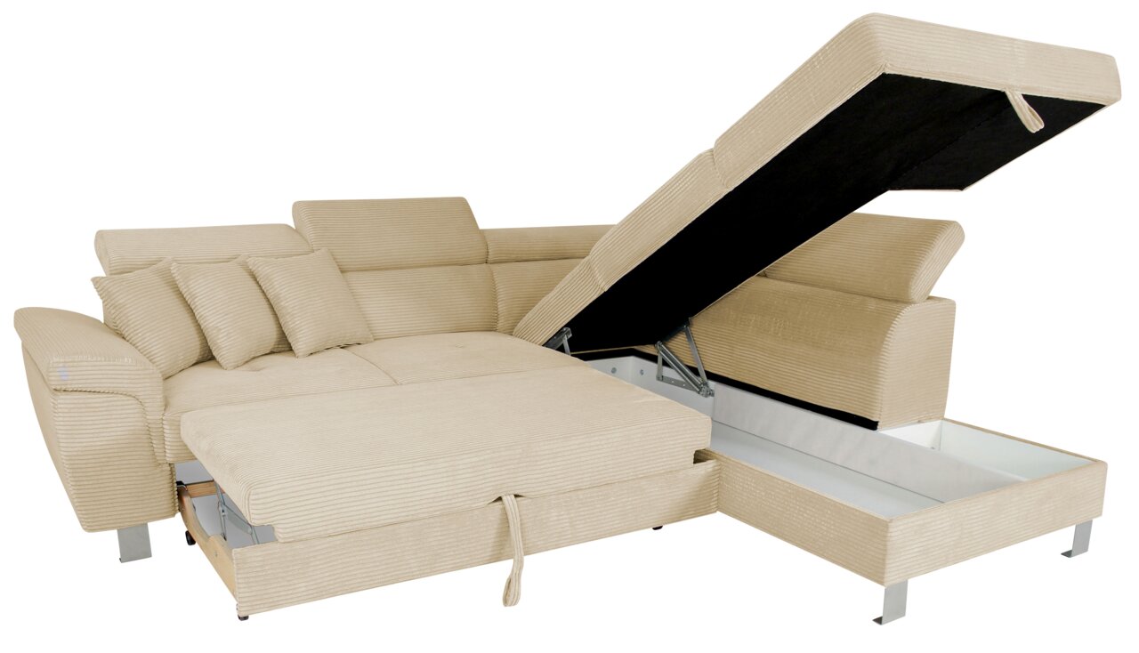 Beige Ecksofa mit Stauraum und verstellbaren Kopfstützen, Perspektive von vorne rechts