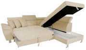 Beige Ecksofa mit Stauraum und verstellbaren Kopfstützen, Perspektive von vorne rechts