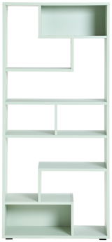 Moderner, hoher Raumteiler in hellem Mintgrün mit asymmetrischen Regalfächern, frontal abgebildet.