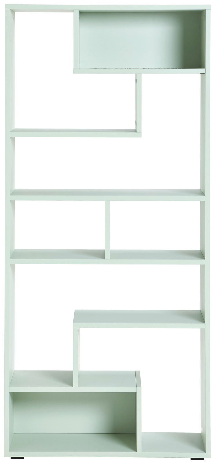 Moderner, hoher Raumteiler in hellem Mintgrün mit asymmetrischen Regalfächern, frontal abgebildet.