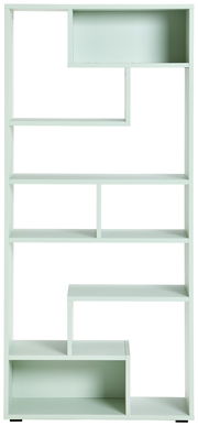 Moderner, hoher Raumteiler in hellem Mintgrün mit asymmetrischen Regalfächern, frontal abgebildet.