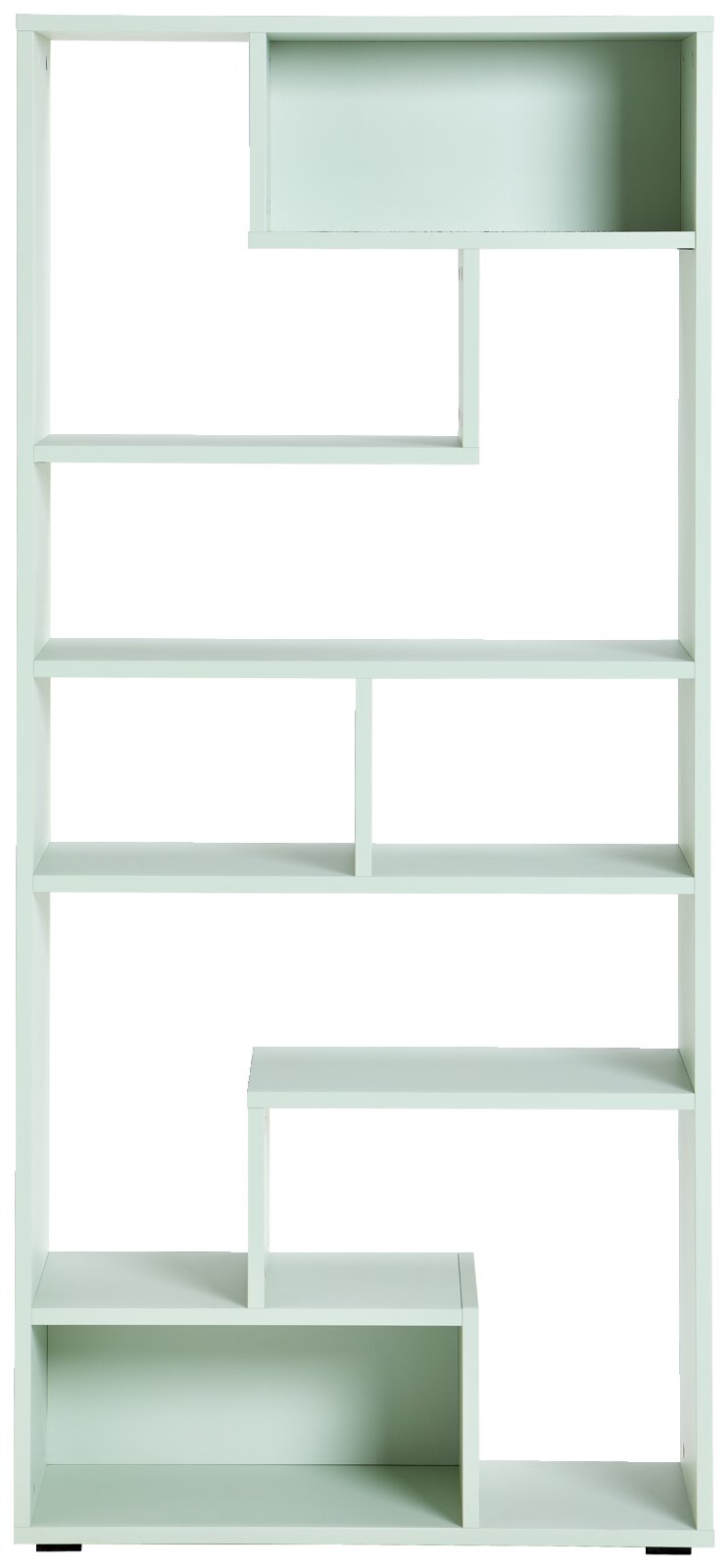 Moderner, hoher Raumteiler in hellem Mintgrün mit asymmetrischen Regalfächern, frontal abgebildet.