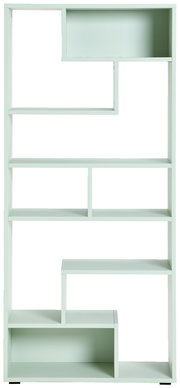 Moderner, hoher Raumteiler in hellem Mintgrün mit asymmetrischen Regalfächern, frontal abgebildet.