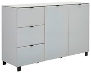 Modernes Sideboard in Weiß mit drei Schubladen und zwei Türen, seitliche Perspektive