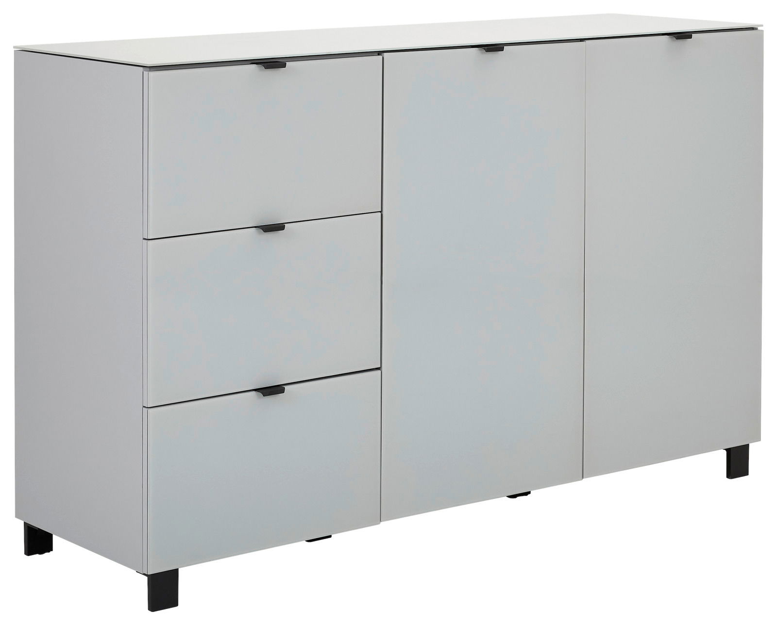 Modernes Sideboard in Weiß mit drei Schubladen und zwei Türen, seitliche Perspektive