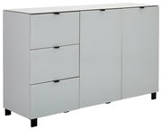 Modernes Sideboard in Weiß mit drei Schubladen und zwei Türen, seitliche Perspektive