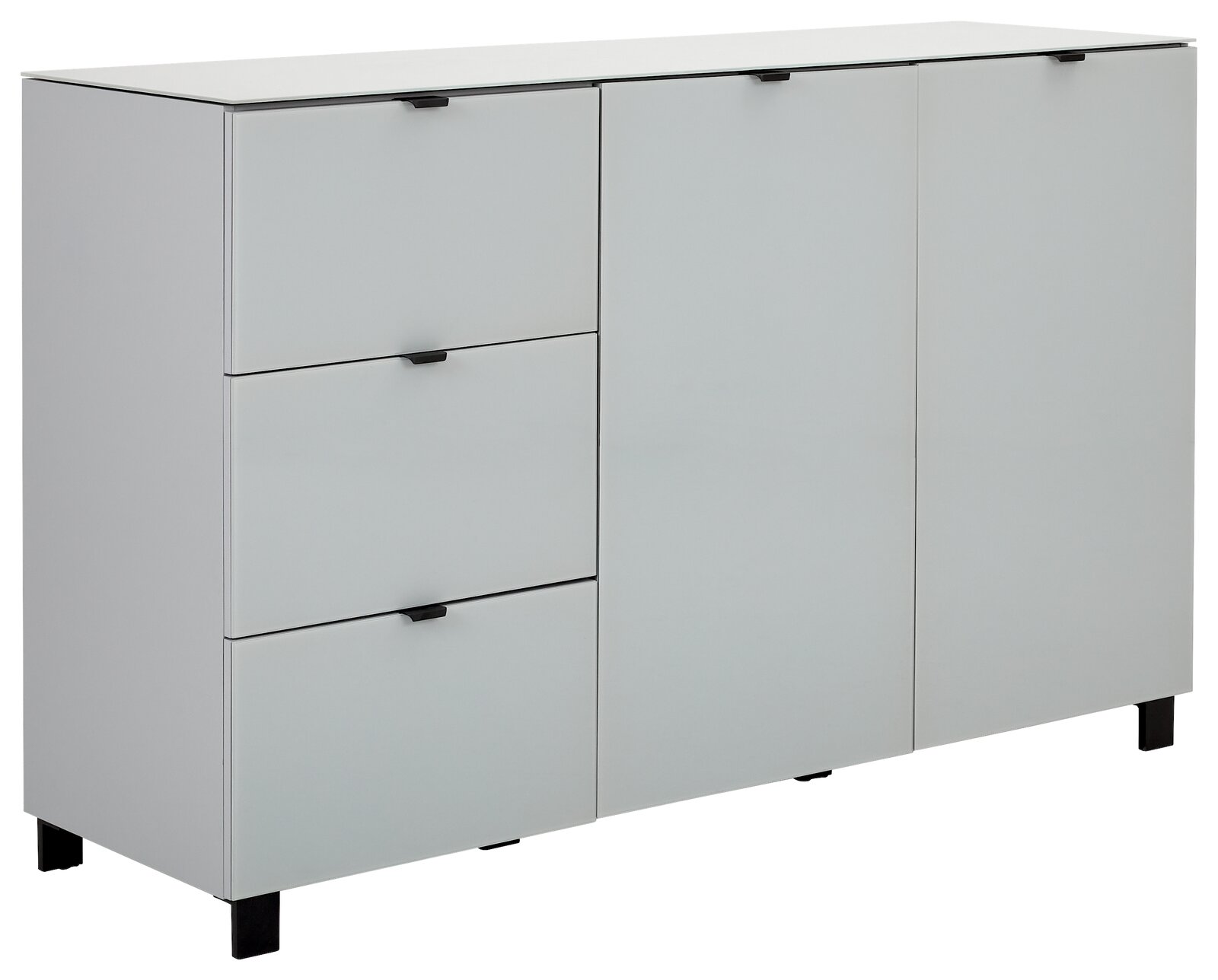 Modernes Sideboard in Weiß mit drei Schubladen und zwei Türen, seitliche Perspektive