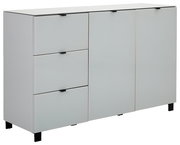 Modernes Sideboard in Weiß mit drei Schubladen und zwei Türen, seitliche Perspektive