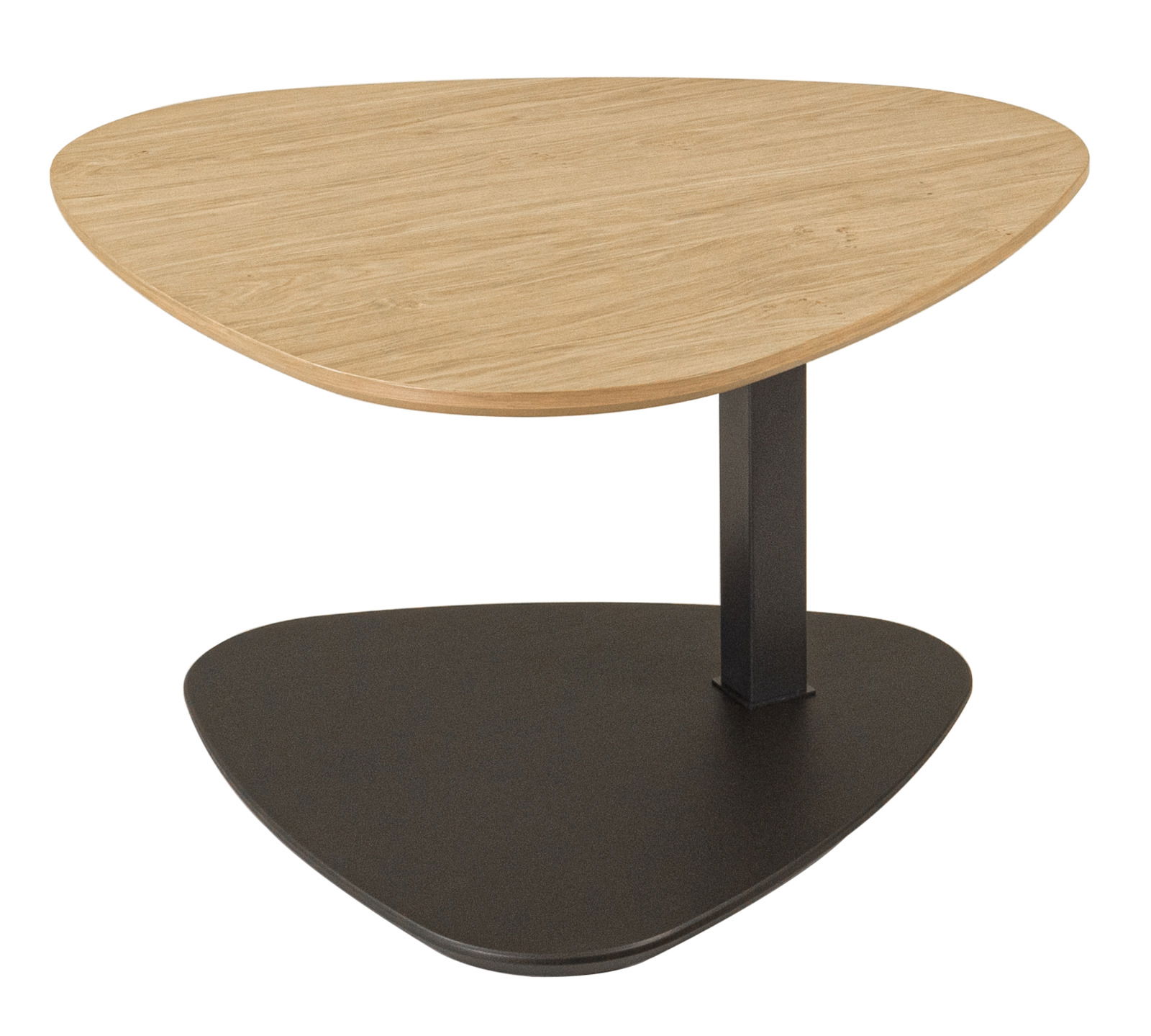 Moderner Couchtisch mit einer dreieckigen Holzplatte und einer schwarzen Metallbasis, seitliche Perspektive