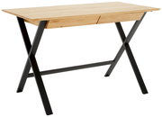 Moderner Schreibtisch mit Holzplatte und schwarzen Metallbeinen, seitliche Perspektive