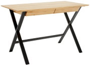 Moderner Schreibtisch mit Holzplatte und schwarzen Metallbeinen, seitliche Perspektive