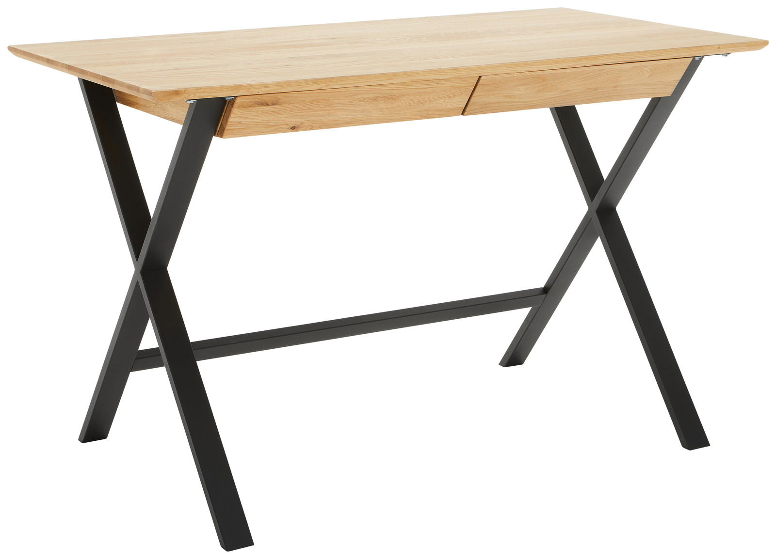 Moderner Schreibtisch mit Holzplatte und schwarzen Metallbeinen, seitliche Perspektive