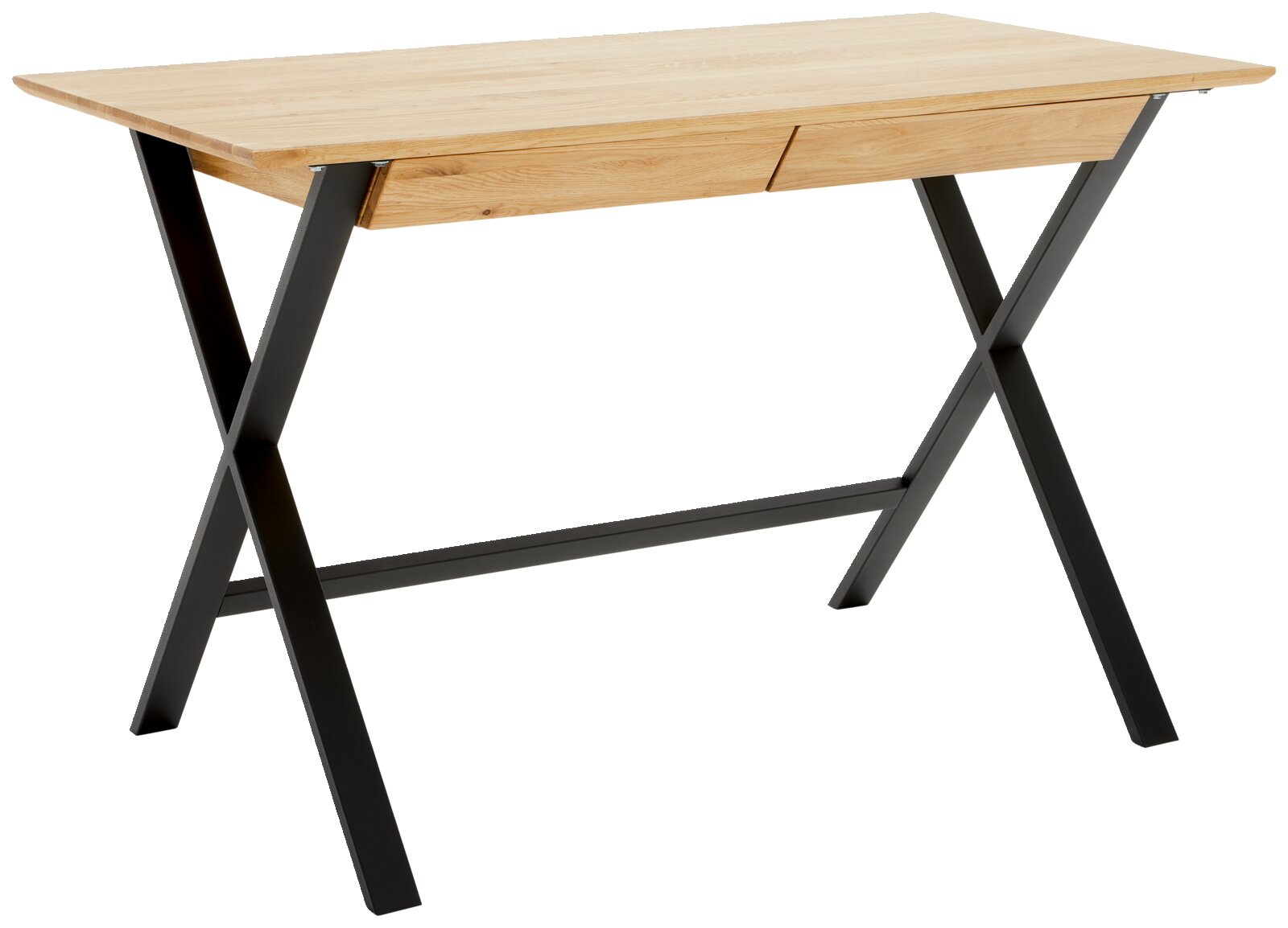 Moderner Schreibtisch mit Holzplatte und schwarzen Metallbeinen, seitliche Perspektive