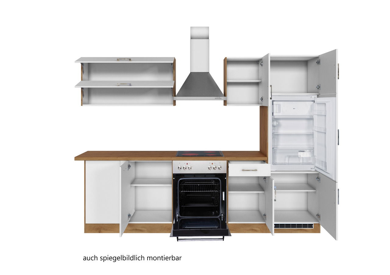 Eck-Küchenzeile mit offenen Schränken, Herd, Dunstabzugshaube und Kühlschrank, frontale Ansicht