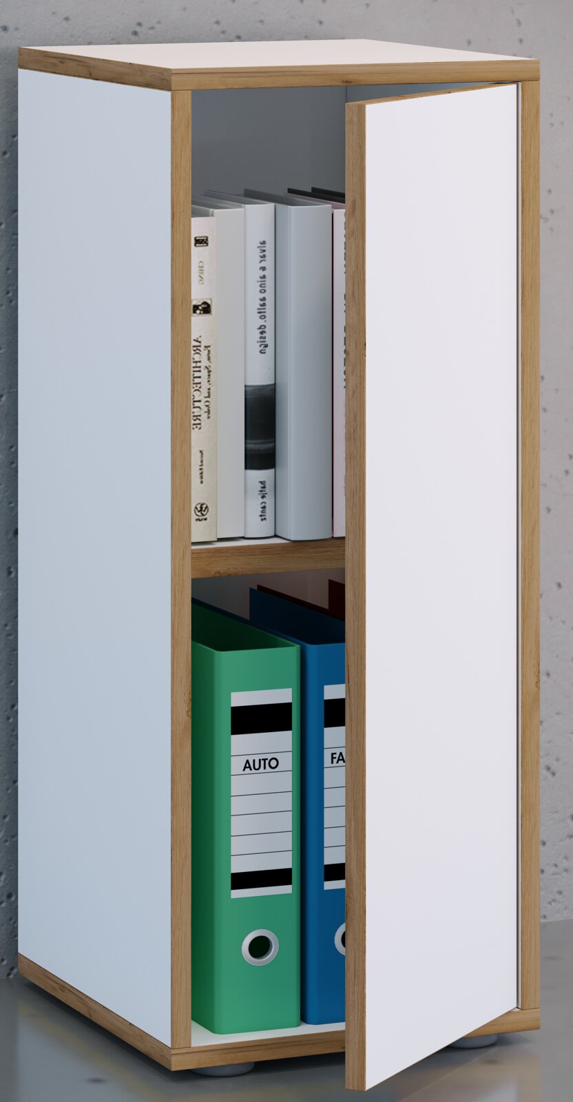 VCM Büroschrank SALIA Schmaler, moderner Büroschrank aus hellem Holz mit weißen Front- und Seitenflächen, Tür geöffnet und mit Ordnern sowie Büchern bestückt, fotografiert in leicht schräger Frontansicht.