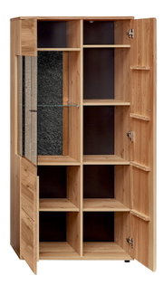Geöffneter hoher Holzschrank/Vitrine aus Massivholz mit Glaselement links und mehreren Fächern, Frontalansicht leicht von rechts