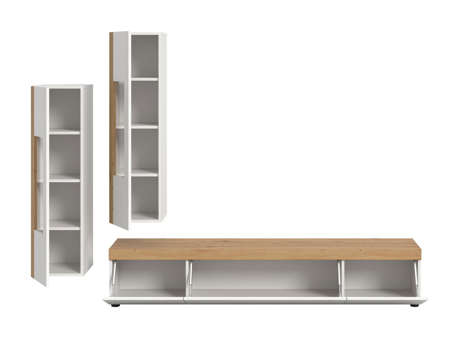 Wohnkombination bestehend aus zwei hohen, weißen Schränken mit Holzelementen und einem niedrigen TV-Board, frontal betrachtet.